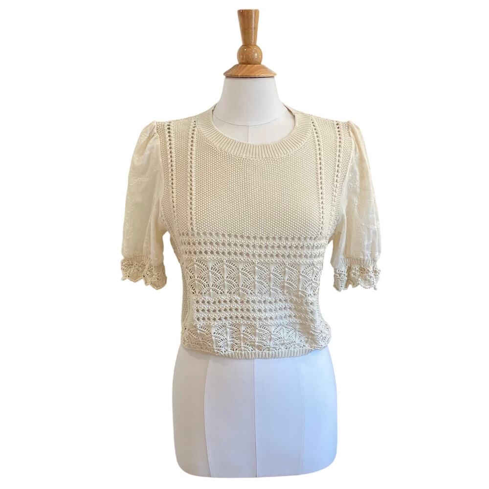 Stitch & Feather Ivory Short Sleeve Open Knit, Embroidered, Cropped Sweater, S